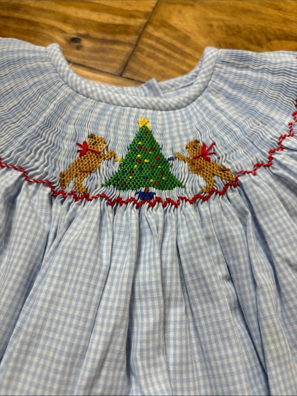 Silly Goose Hand Smocked Size 12 Months Dress Dogs Decorating a Christmas Tree - Picture 2 of 4